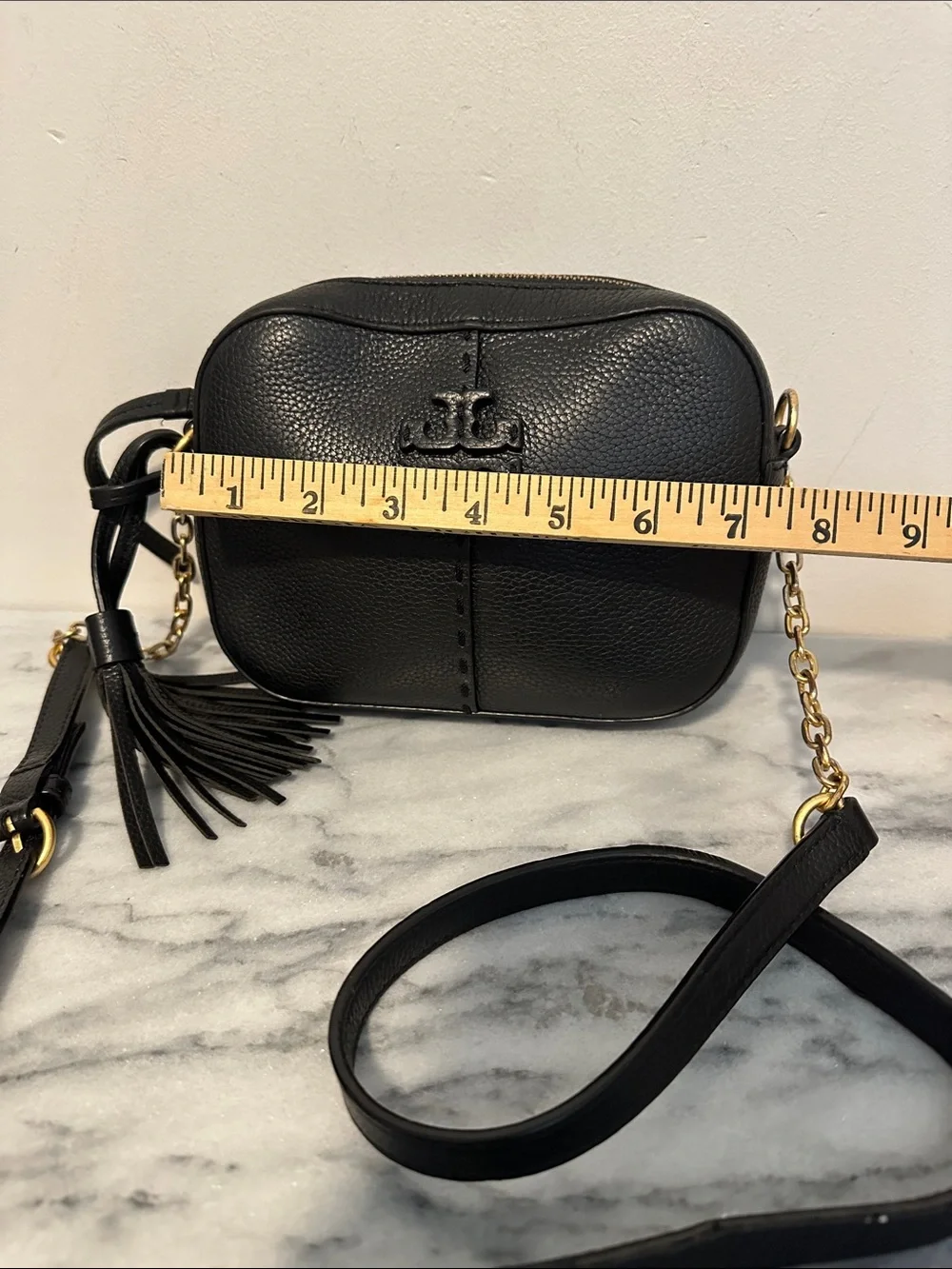 Tory Burch McGraw Black Pebbled Leather Camera Crossbody Bag Tassel
